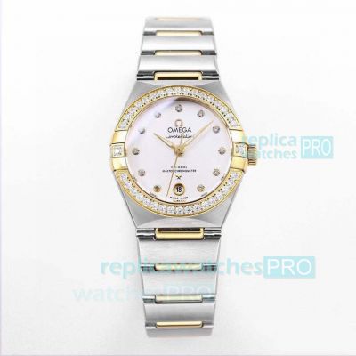 OM Factory Replica Omega Constellation Yellow Gold Diamond Bezel White Dial Ladies 29MM Watch